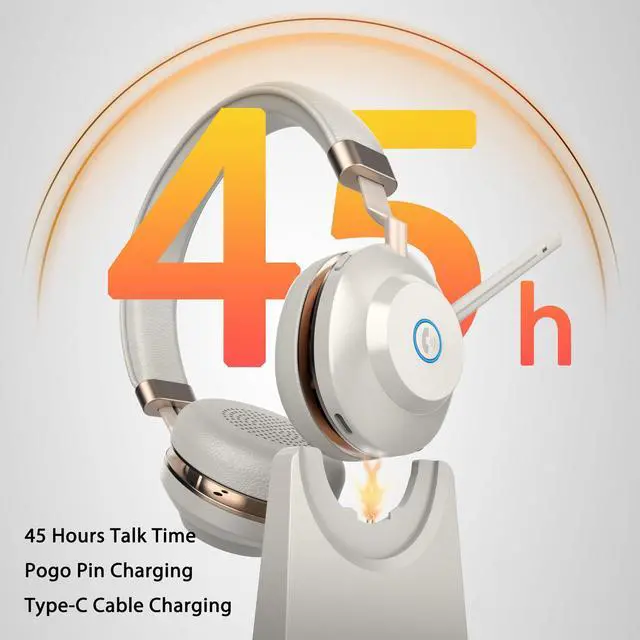 Alt view image 3 of 7 - Wireless Headset with Mic for Work, 45Hrs Bluetooth Headset with Microphone Noise Canceling & Charging Base, WirelessHeadphones with Mic Mute & USB Dongle for PC/Laptop/Office/Work/Call Center/Teams