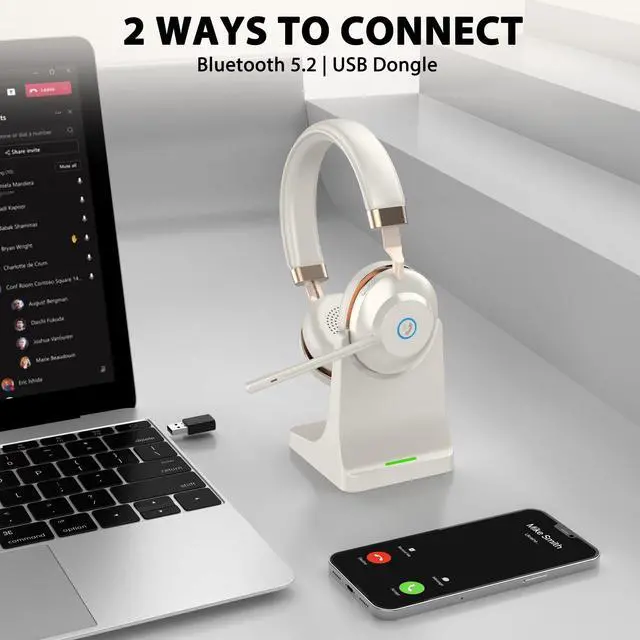 Alt view image 6 of 7 - Wireless Headset with Mic for Work, 45Hrs Bluetooth Headset with Microphone Noise Canceling & Charging Base, WirelessHeadphones with Mic Mute & USB Dongle for PC/Laptop/Office/Work/Call Center/Teams