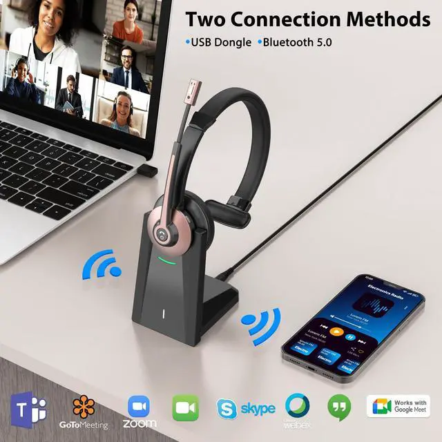 Alt view image 2 of 7 - Wireless Headset with Mic for Work, Wireless Headset with Microphone (Noise Cancelling & Mute Button, USB Dongle & Charging Base), Bluetooth Headphones for Home/Office/Computer/Laptop/Phone/Teams/Zoom