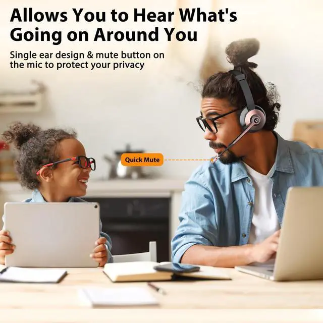 Alt view image 4 of 7 - Wireless Headset with Mic for Work, Wireless Headset with Microphone (Noise Cancelling & Mute Button, USB Dongle & Charging Base), Bluetooth Headphones for Home/Office/Computer/Laptop/Phone/Teams/Zoom