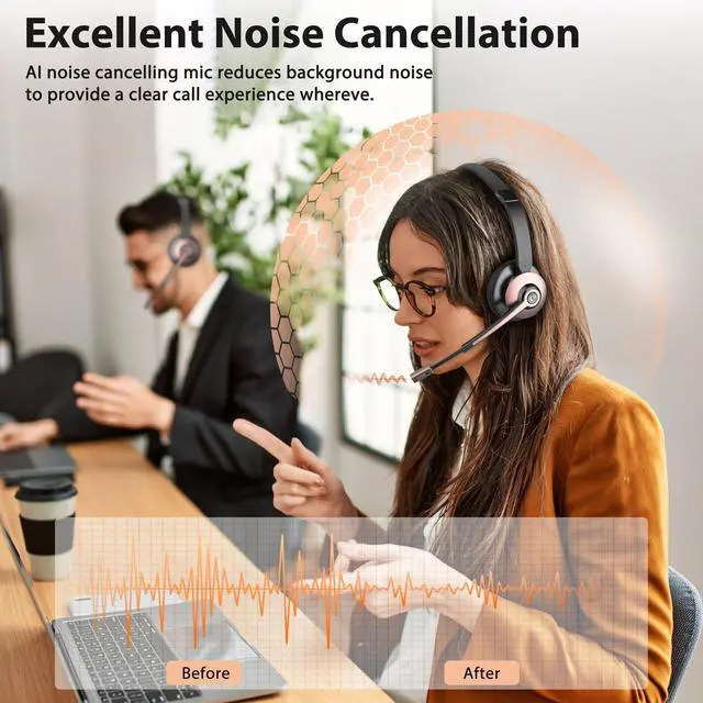 Alt view image 5 of 7 - Wireless Headset with Mic for Work, Wireless Headset with Microphone (Noise Cancelling & Mute Button, USB Dongle & Charging Base), Bluetooth Headphones for Home/Office/Computer/Laptop/Phone/Teams/Zoom