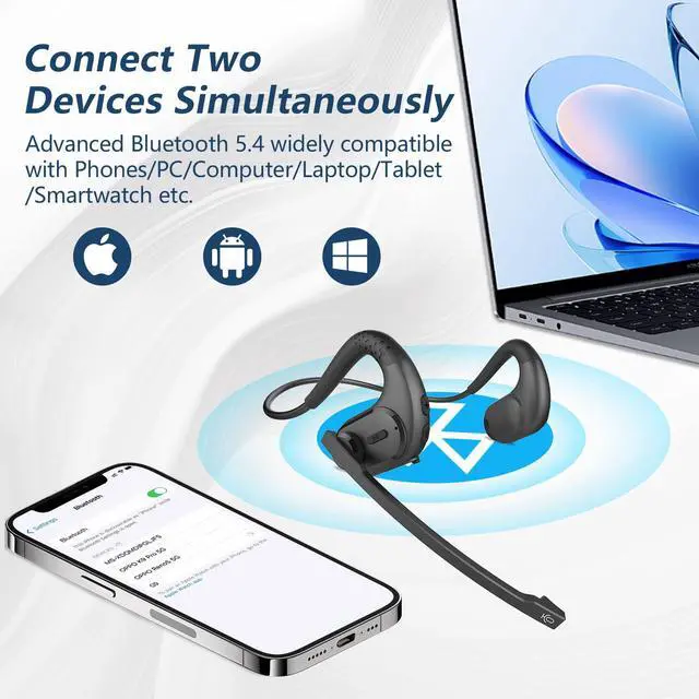Alt view image 5 of 7 - Bluetooth Headset with Removable Microphone, Noise Cancelling Wireless Headset for Phones Laptop Computer PC, Open Ear Headphones for Office Meeting Running Cycling Driving Working-12 Hrs