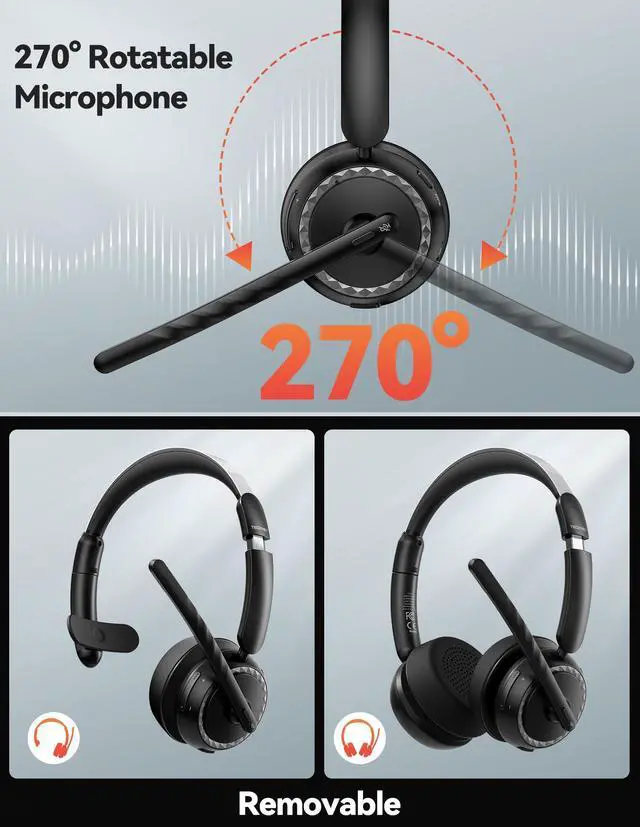 Alt view image 2 of 7 - Wireless Headset, 5.3 ENC Bluetooth Headset with Microphone, Computer Headset Rechargeable, USB Dongle, Charging Base, On-Ear Headphones for Trucker/Remote Work/Call Center