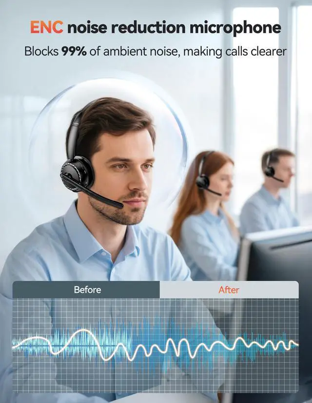 Alt view image 3 of 7 - Wireless Headset, 5.3 ENC Bluetooth Headset with Microphone, Computer Headset Rechargeable, USB Dongle, Charging Base, On-Ear Headphones for Trucker/Remote Work/Call Center