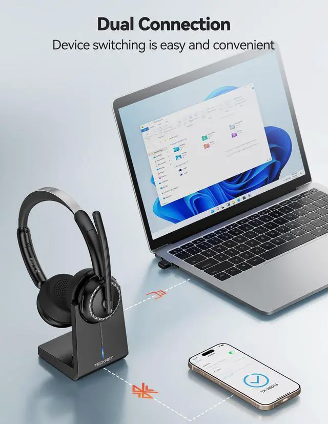 Alt view image 5 of 7 - Wireless Headset, 5.3 ENC Bluetooth Headset with Microphone, Computer Headset Rechargeable, USB Dongle, Charging Base, On-Ear Headphones for Trucker/Remote Work/Call Center