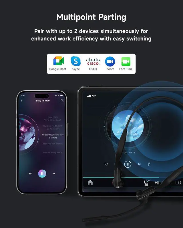 Alt view image 7 of 7 - Open Ear Headphones with Mic, Bluetooth Headset with Noise Cancelling Microphone and Multipoint Connect, Wireless Bluetooth 5.4 Headset for Work Call Meeting Driving(Black)