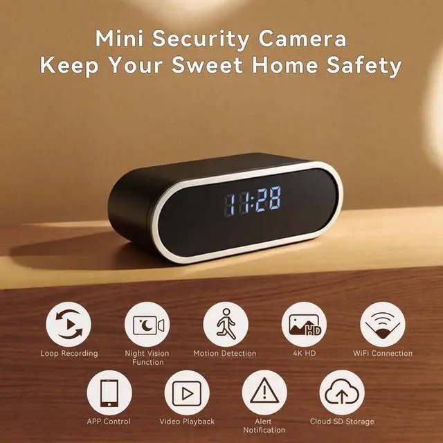 Alt view image 2 of 7 - 4K HD Wireless WiFi Security Camera, Nanny Cam for Home, Indoor Camera with Clock with App Control, AI Motion Detection, Loop Recording, Night Vision, Local & Cloud Storage, Easy to Use