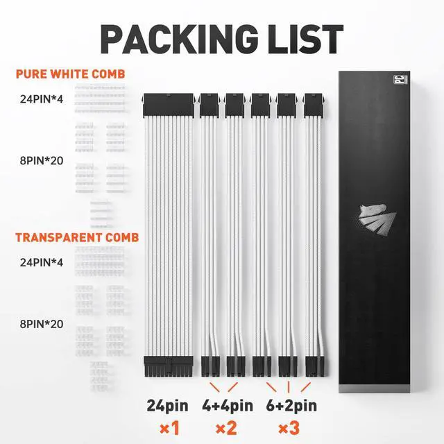 Alt view image 2 of 7 - 16AWG Pro Power Supply Sleeved Cable, White Power Supply Extension Cable Dual EPS Kit, 1x24-PIN/ 2x8-PORT (4+4) M/B,3x8-PORT (6+2) PCI-E, 30cm Length with 2 Set of Combs