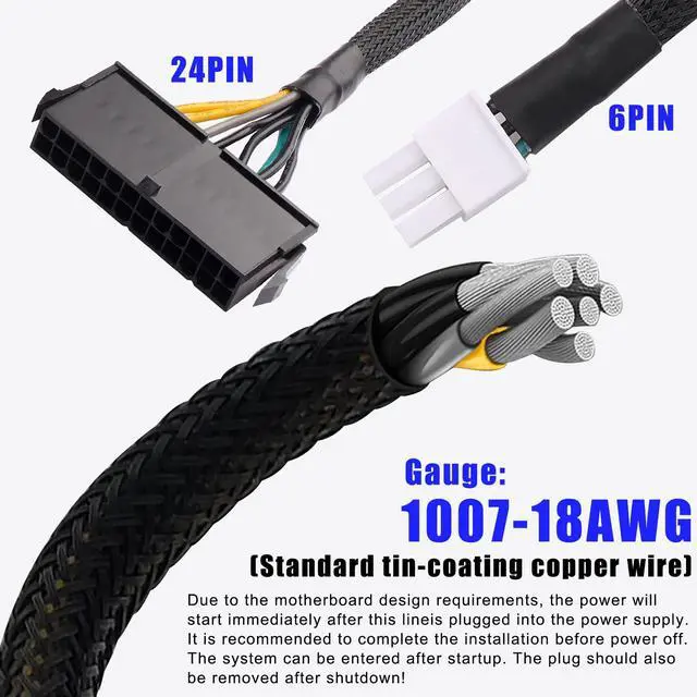 Alt view image 6 of 7 - Desktop ATX Power Supply Adapter Cable,24-Pin to 6-Pin Square Connector,30CM Braided 18AWG,Compatible with Inspiron/Optiplex/VOSTRO
