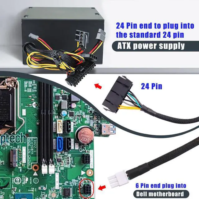 Alt view image 5 of 7 - Desktop ATX Power Supply Adapter Cable,24-Pin to 6-Pin Square Connector,30CM Braided 18AWG,Compatible with Inspiron/Optiplex/VOSTRO