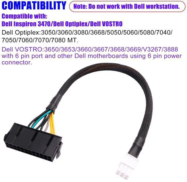Alt view image 7 of 7 - Desktop ATX Power Supply Adapter Cable,24-Pin to 6-Pin Square Connector,30CM Braided 18AWG,Compatible with Inspiron/Optiplex/VOSTRO