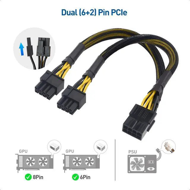 Alt view image 3 of 7 - 2-Pack PCIe 8 Pin to Dual 8 Pin (6+2) Female to Male PCIe Power Adapter for GPUs - 9 Inches