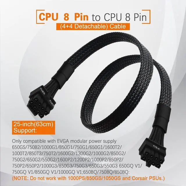 Alt view image 4 of 6 - CPU Cable for EVGA PSUs, 8 Pin to 8 Pin (4+4 Detachable) Male EPS-12V Motherboard Power Adapter Sleeved 25-Inch (63cm)
