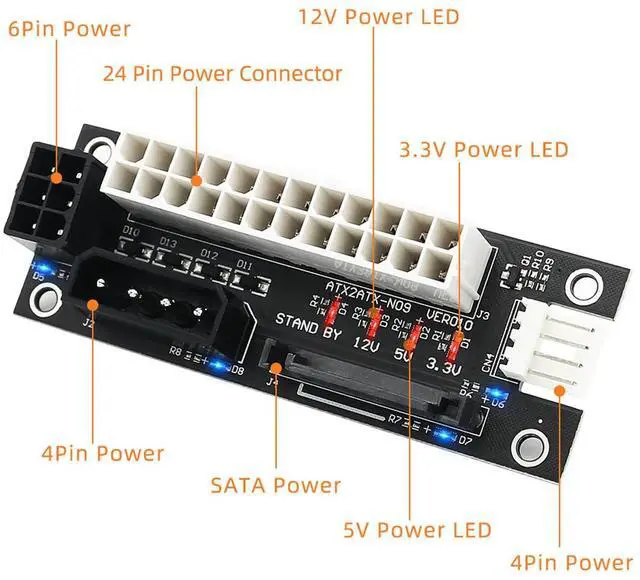 Alt view image 3 of 4 - Multiple 4 in 1 Power Supply Adapter Sync Start Card Dual PSU Connector Jumper Connector Molex 4Pin/SATA/ATX 6Pin/4Pin Dual PSU Adapter with Power LED