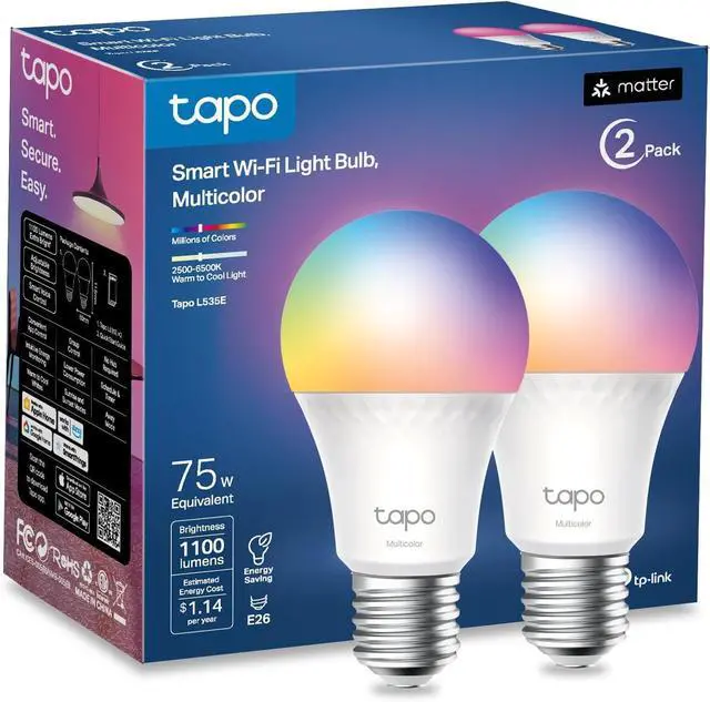Main image of Smart Light Bulbs, 1100 Lumens High Brightness (75W Equivalent), Matter-Certified, 16M Colors WiFi Light Bulb, Dimmable, Works w/Siri, Alexa & Google Home, A19 E26, Tapo L535E(2-Pack)