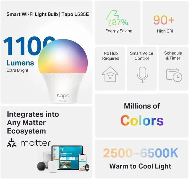 Alt view image 2 of 7 - Smart Light Bulbs, 1100 Lumens High Brightness (75W Equivalent), Matter-Certified, 16M Colors WiFi Light Bulb, Dimmable, Works w/Siri, Alexa & Google Home, A19 E26, Tapo L535E(2-Pack)