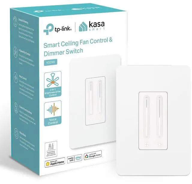 Main image of Ceiling Fan Control & Dimmer Switch | Adjustable 4-Speed Fan & Brightness Control | Works w/Apple HomeKit, Alexa & Google Home | 2.4G Wi-Fi Only, Single Pole, Neutral Wire Required | KS240