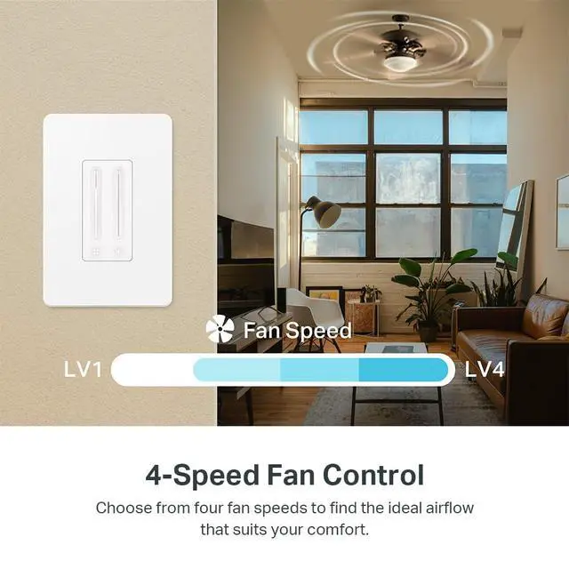 Alt view image 2 of 7 - Ceiling Fan Control & Dimmer Switch | Adjustable 4-Speed Fan & Brightness Control | Works w/Apple HomeKit, Alexa & Google Home | 2.4G Wi-Fi Only, Single Pole, Neutral Wire Required | KS240