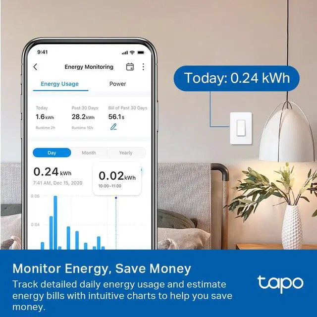Alt view image 4 of 7 - Smart Switch, Single-Pole/3-Way/4-Way, Matter Compatible, Energy Monitoring, Neutral Wire Required, Works with Alexa, Siri, Google Home, SmartThings, UL Certified, 2.4GHZ Wi-Fi, Tapo S515