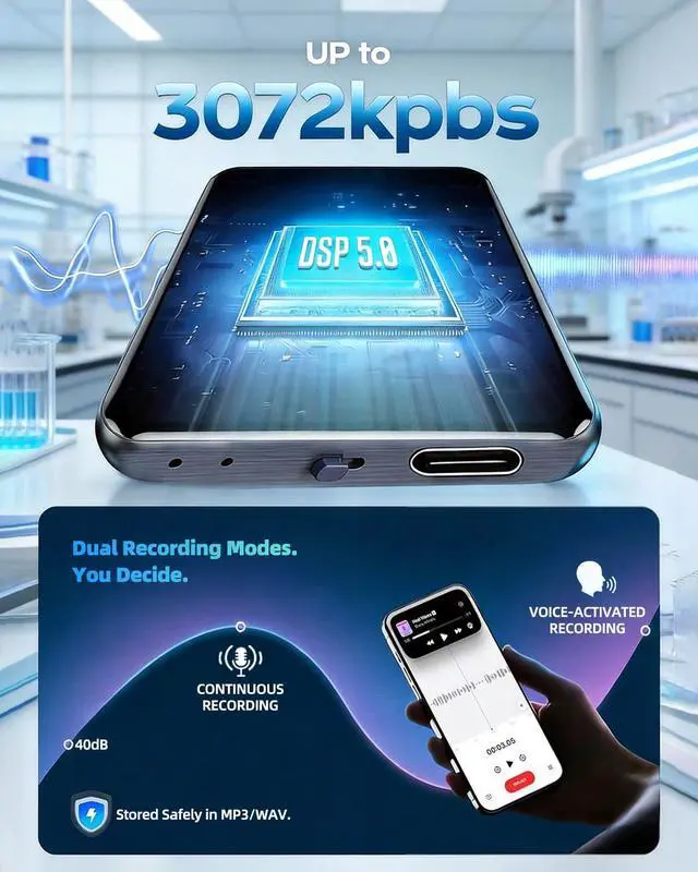 Alt view image 4 of 7 - Mini Square Magnetic Voice Recorder 128GB Portable Voice Activated Audio Recorder with Noise Reduction, 9000 Hours Storage, 90 Day Standby, Compatible with Android & iOS