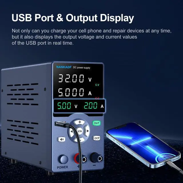 Alt view image 3 of 6 - DC Power Supply, 30V 5A Variable Power Supply with Output Button, USB Fast Charging Port/USB Output Current Display, Bench Power Supply with OCP Short Circuit Alarm, Mute Mode