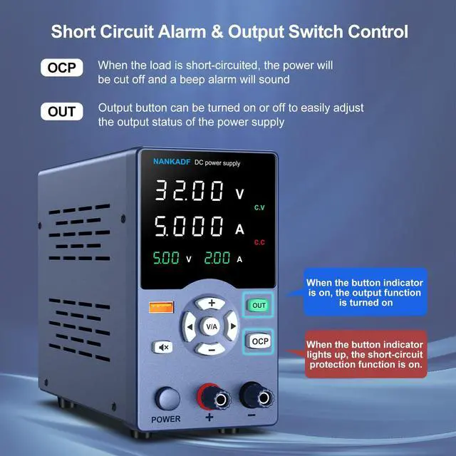 Alt view image 4 of 6 - DC Power Supply, 30V 5A Variable Power Supply with Output Button, USB Fast Charging Port/USB Output Current Display, Bench Power Supply with OCP Short Circuit Alarm, Mute Mode
