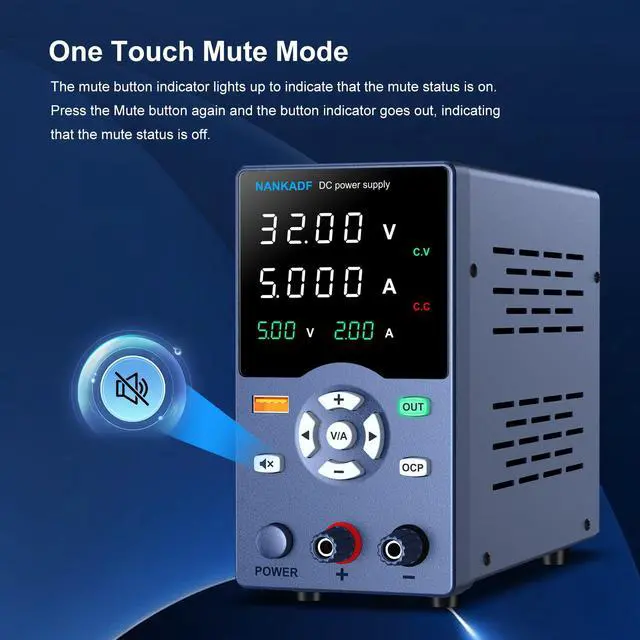 Alt view image 5 of 6 - DC Power Supply, 30V 5A Variable Power Supply with Output Button, USB Fast Charging Port/USB Output Current Display, Bench Power Supply with OCP Short Circuit Alarm, Mute Mode
