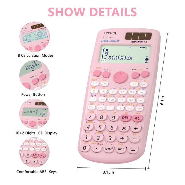 Alt view image 2 of 7 - Scientific Calculators, Pink Math Calculator with 417 Function, Solar Battery Power and 4-Line Display, School Supplies for Middle High College Students Teachers (Pink 991ES Plus)