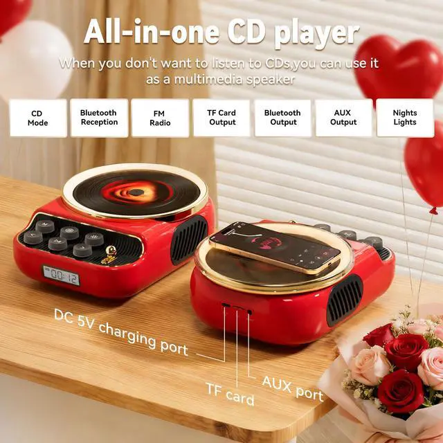 Alt view image 2 of 7 - CD Player with Bluetooth Speakers Built-in HiFi Dual Speaker Retro Portable CD Players for Home Vintage Radio Music Player with FM Radio, Night Light, LCD Display for Valentine's Day GiftsRed