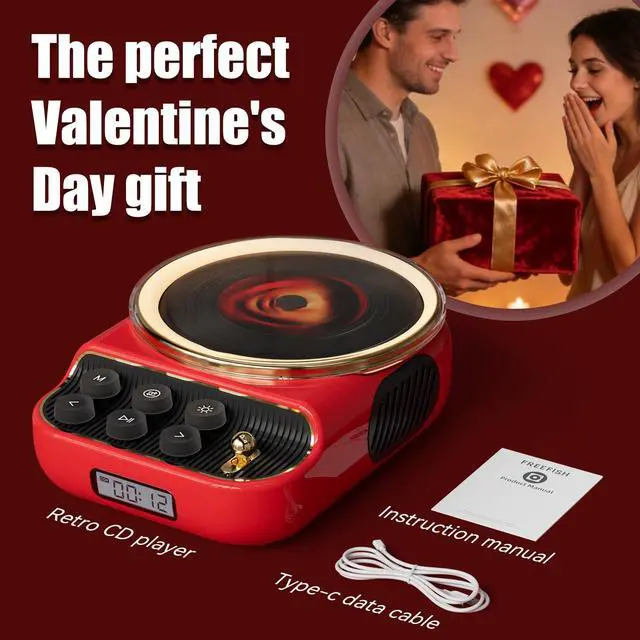 Alt view image 3 of 7 - CD Player with Bluetooth Speakers Built-in HiFi Dual Speaker Retro Portable CD Players for Home Vintage Radio Music Player with FM Radio, Night Light, LCD Display for Valentine's Day GiftsRed