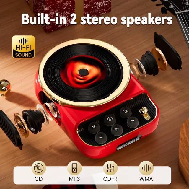 Alt view image 4 of 7 - CD Player with Bluetooth Speakers Built-in HiFi Dual Speaker Retro Portable CD Players for Home Vintage Radio Music Player with FM Radio, Night Light, LCD Display for Valentine's Day GiftsRed