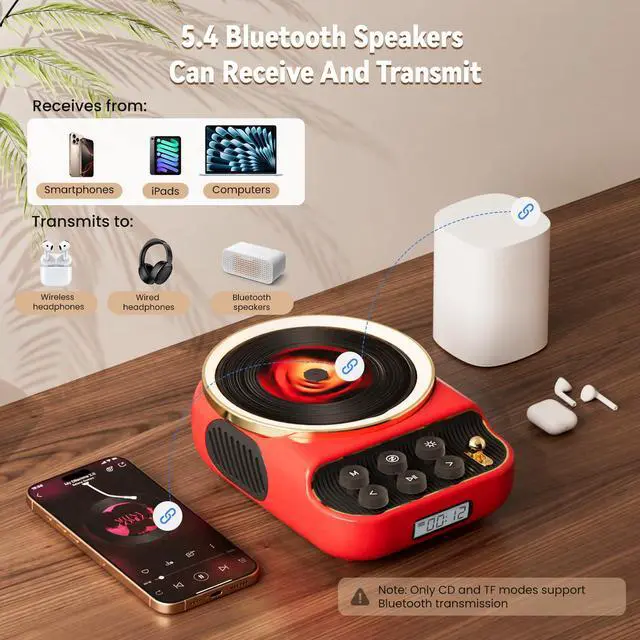 Alt view image 5 of 7 - CD Player with Bluetooth Speakers Built-in HiFi Dual Speaker Retro Portable CD Players for Home Vintage Radio Music Player with FM Radio, Night Light, LCD Display for Valentine's Day GiftsRed