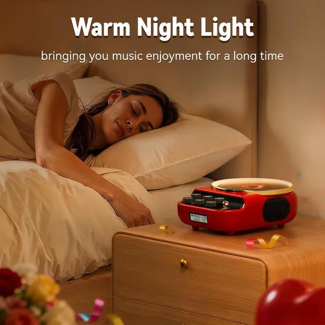 Alt view image 6 of 7 - CD Player with Bluetooth Speakers Built-in HiFi Dual Speaker Retro Portable CD Players for Home Vintage Radio Music Player with FM Radio, Night Light, LCD Display for Valentine's Day GiftsRed