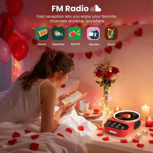 Alt view image 7 of 7 - CD Player with Bluetooth Speakers Built-in HiFi Dual Speaker Retro Portable CD Players for Home Vintage Radio Music Player with FM Radio, Night Light, LCD Display for Valentine's Day GiftsRed