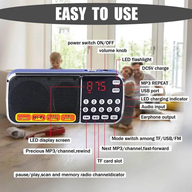 Alt view image 6 of 6 - Radios Portable AM with MP3 Speaker, Portable Radio Support TF Card/USB,Rechargeable Battery Powered FM Radio,Mini Radio with Best Reception (Blue)