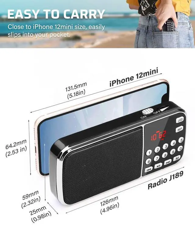 Alt view image 2 of 6 - J-189 Bluetooth AM FM Radio, Small Portable Radios - Dual Speaker Heavy Bass, LED Flashlight, Pocket Size, TF Card USB AUX MP3 Player, Rechargeable Battery Operated Small Radio(Black)