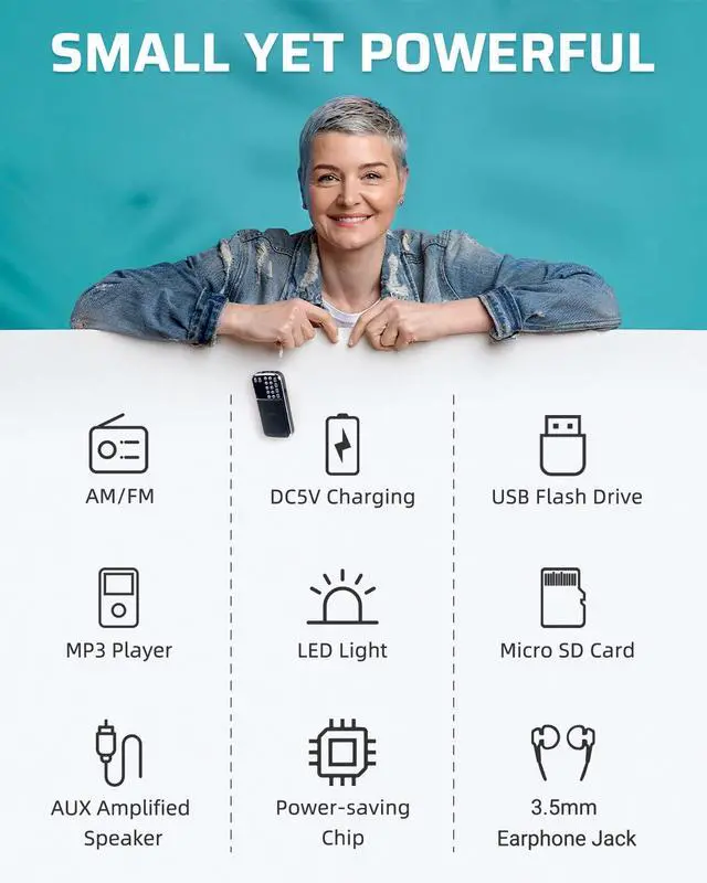 Alt view image 3 of 6 - J-189 Bluetooth AM FM Radio, Small Portable Radios - Dual Speaker Heavy Bass, LED Flashlight, Pocket Size, TF Card USB AUX MP3 Player, Rechargeable Battery Operated Small Radio(Black)