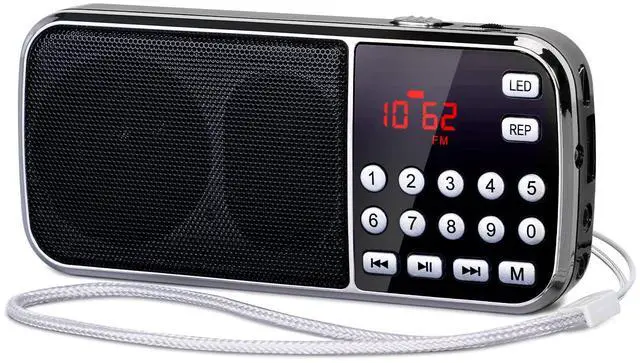 Main image of J-189 Bluetooth AM FM Radio, Small Portable Radios - Dual Speaker Heavy Bass, LED Flashlight, Pocket Size, TF Card USB AUX MP3 Player, Rechargeable Battery Operated Small Radio(Black)