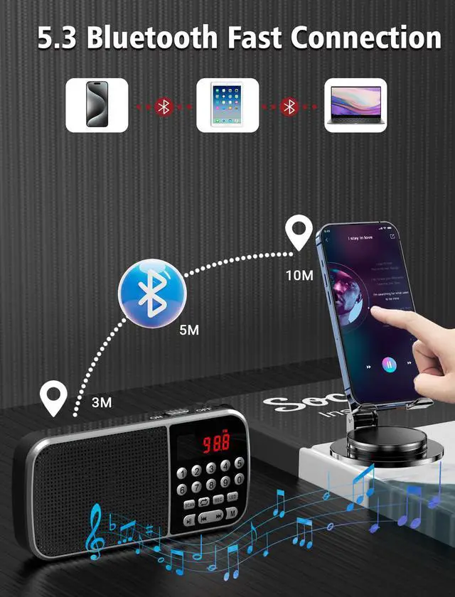 Alt view image 3 of 7 - Digital AM FM Radio with Bluetooth 5.3,Small Transistor Radio with Best Reception,2000mAh Rechargeable Battery Operated with 5W Speaker,TF Card USB MP3 Playback,3.5mm Earphone Jack,Flashlight