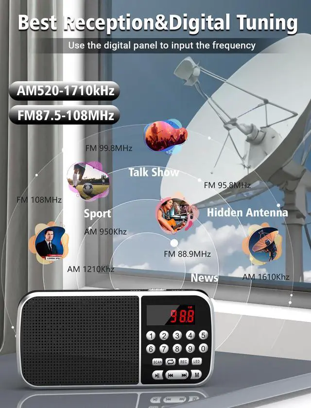 Alt view image 4 of 7 - Digital AM FM Radio with Bluetooth 5.3,Small Transistor Radio with Best Reception,2000mAh Rechargeable Battery Operated with 5W Speaker,TF Card USB MP3 Playback,3.5mm Earphone Jack,Flashlight