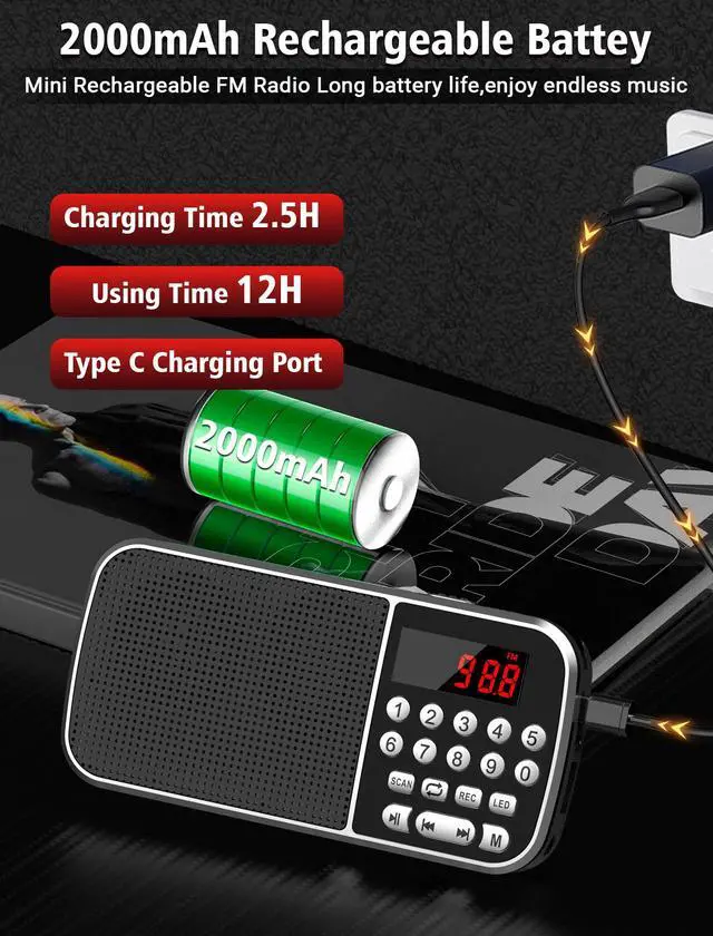 Alt view image 5 of 7 - Digital AM FM Radio with Bluetooth 5.3,Small Transistor Radio with Best Reception,2000mAh Rechargeable Battery Operated with 5W Speaker,TF Card USB MP3 Playback,3.5mm Earphone Jack,Flashlight