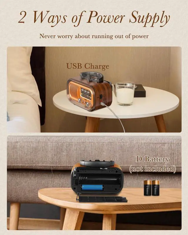 Alt view image 4 of 6 - J150 Vintage/Retro Radio Bluetooth Speaker, AM FM Radio with Bluetooth, Bluetooth Radio, Support TF Card/USB Playing, TWS, D Battery Operated Radio, Rechargeable Radios