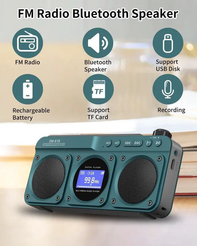 Alt view image 2 of 7 - Small Digital FM Radio Bluetooth Speaker, Handheld Rechargeable Radio Wireless Speaker, LCD Display, Double Speakers, Headphone Jack, Support USB/Micro SD Card MP3 Play for Home Outdoor (No AM)
