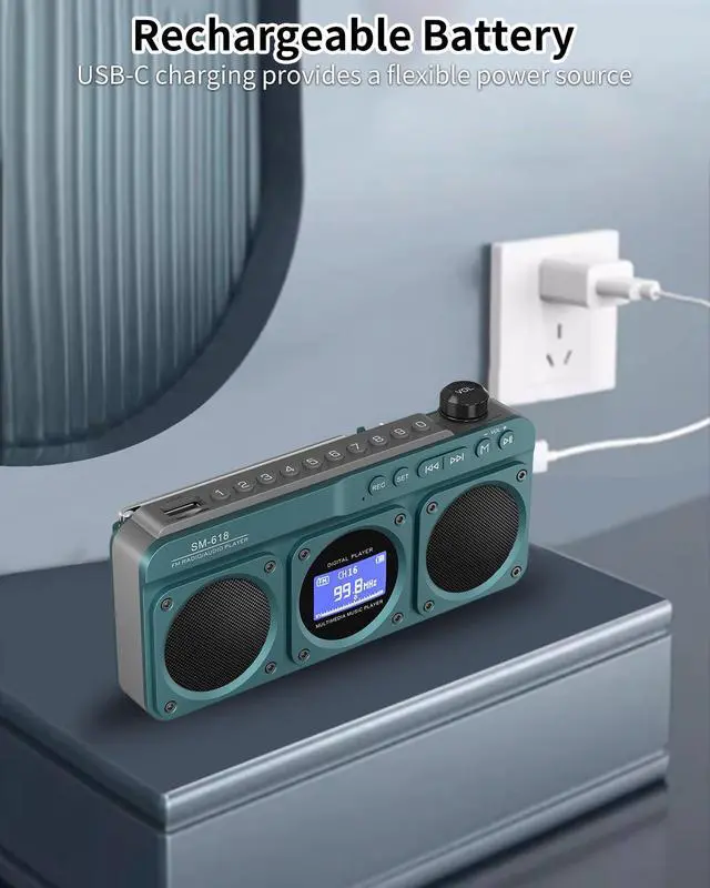 Alt view image 6 of 7 - Small Digital FM Radio Bluetooth Speaker, Handheld Rechargeable Radio Wireless Speaker, LCD Display, Double Speakers, Headphone Jack, Support USB/Micro SD Card MP3 Play for Home Outdoor (No AM)