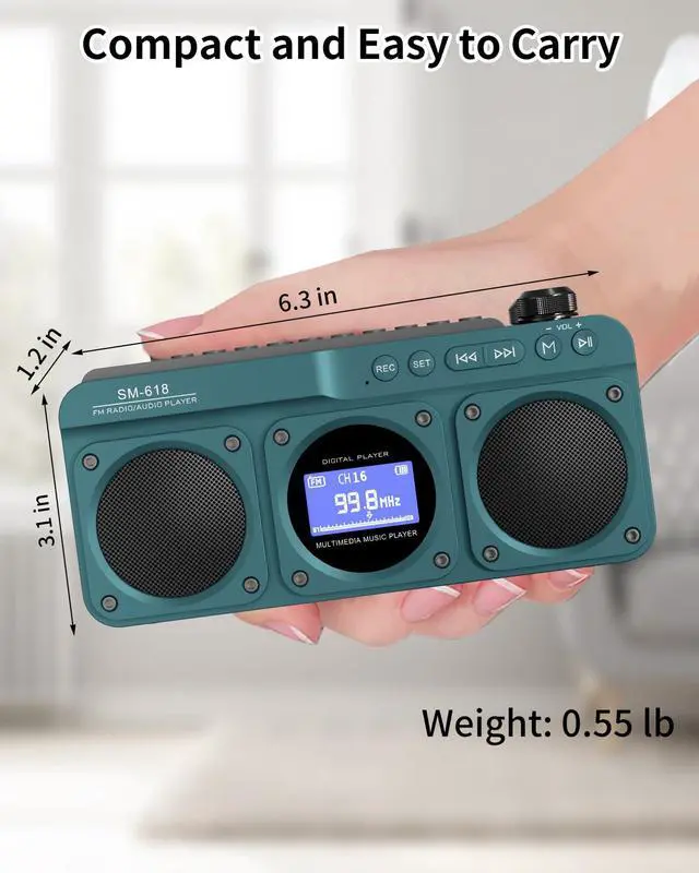 Alt view image 7 of 7 - Small Digital FM Radio Bluetooth Speaker, Handheld Rechargeable Radio Wireless Speaker, LCD Display, Double Speakers, Headphone Jack, Support USB/Micro SD Card MP3 Play for Home Outdoor (No AM)