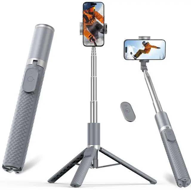 Main image of Phone Tripod & Selfie Stick with Remote, Portable, Lightweight for Video Recording Vlog, Extendable Travel Tripod Stand Compatible with iPhone Android, Grey, 62"