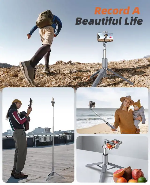 Alt view image 7 of 7 - Phone Tripod & Selfie Stick with Remote, Portable, Lightweight for Video Recording Vlog, Extendable Travel Tripod Stand Compatible with iPhone Android, Grey, 62"