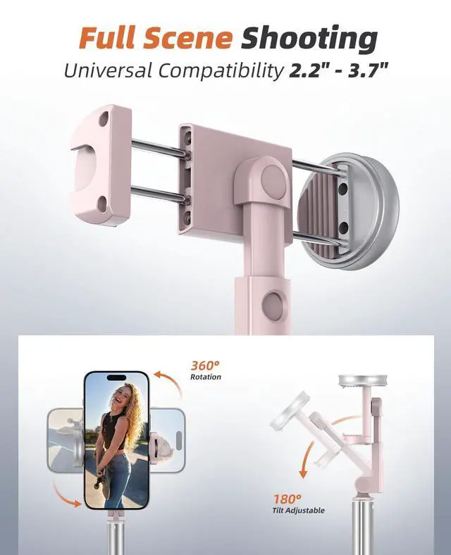 Alt view image 5 of 6 - Phone Tripod & Selfie Stick with Remote, Portable, Lightweight for Video Recording Vlog, Extendable Travel Tripod Stand Compatible with iPhone Android, Pink, 62"