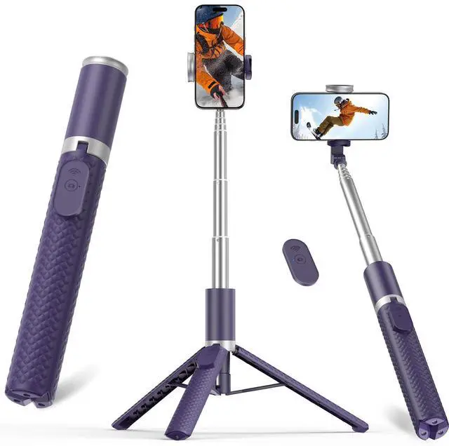 Main image of Phone Tripod & Selfie Stick with Remote, Portable, Lightweight for Video Recording Vlog, Extendable Travel Tripod Stand Compatible with iPhone Android, Purple, 62"
