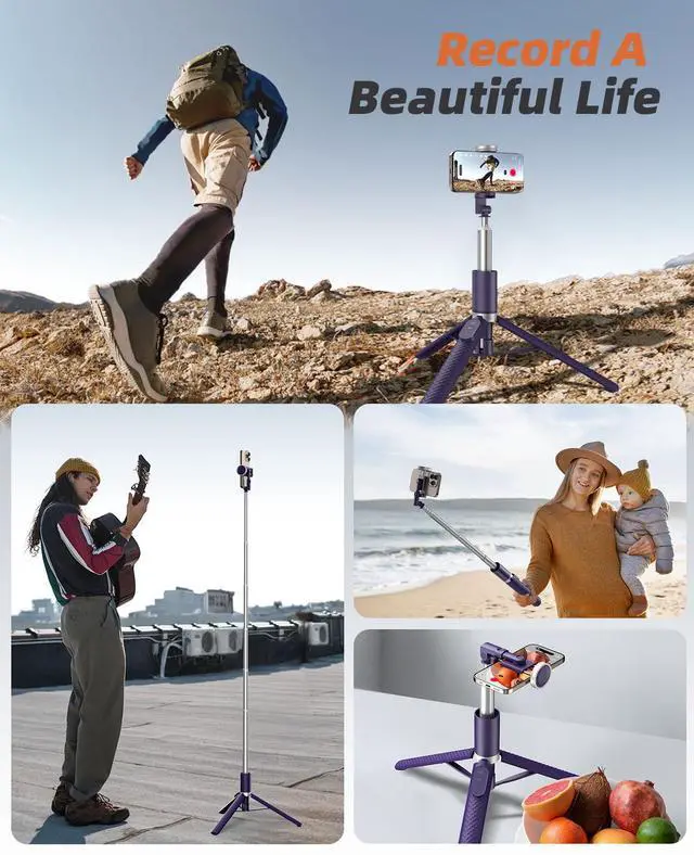 Alt view image 6 of 7 - Phone Tripod & Selfie Stick with Remote, Portable, Lightweight for Video Recording Vlog, Extendable Travel Tripod Stand Compatible with iPhone Android, Purple, 62"